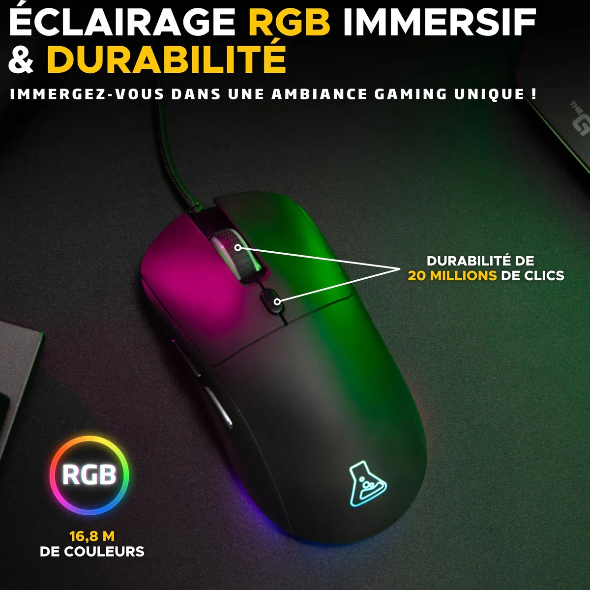 The G-Lab – Kult Cobalt - Souris Gamer Filaire USB - Capteur Ultra Réactif jusqu'à 12800 DPI, Légère, 6 Boutons, RGB Ajustable - Souris Gaming 100% Personnalisable - PC/PS4/PS5/Xbox - New