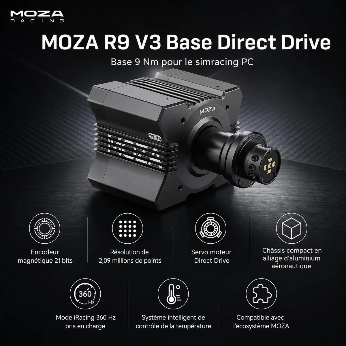 MOZA R9 V3 Base Direct Drive PC Simracing 9 Nm avec Retour de Force