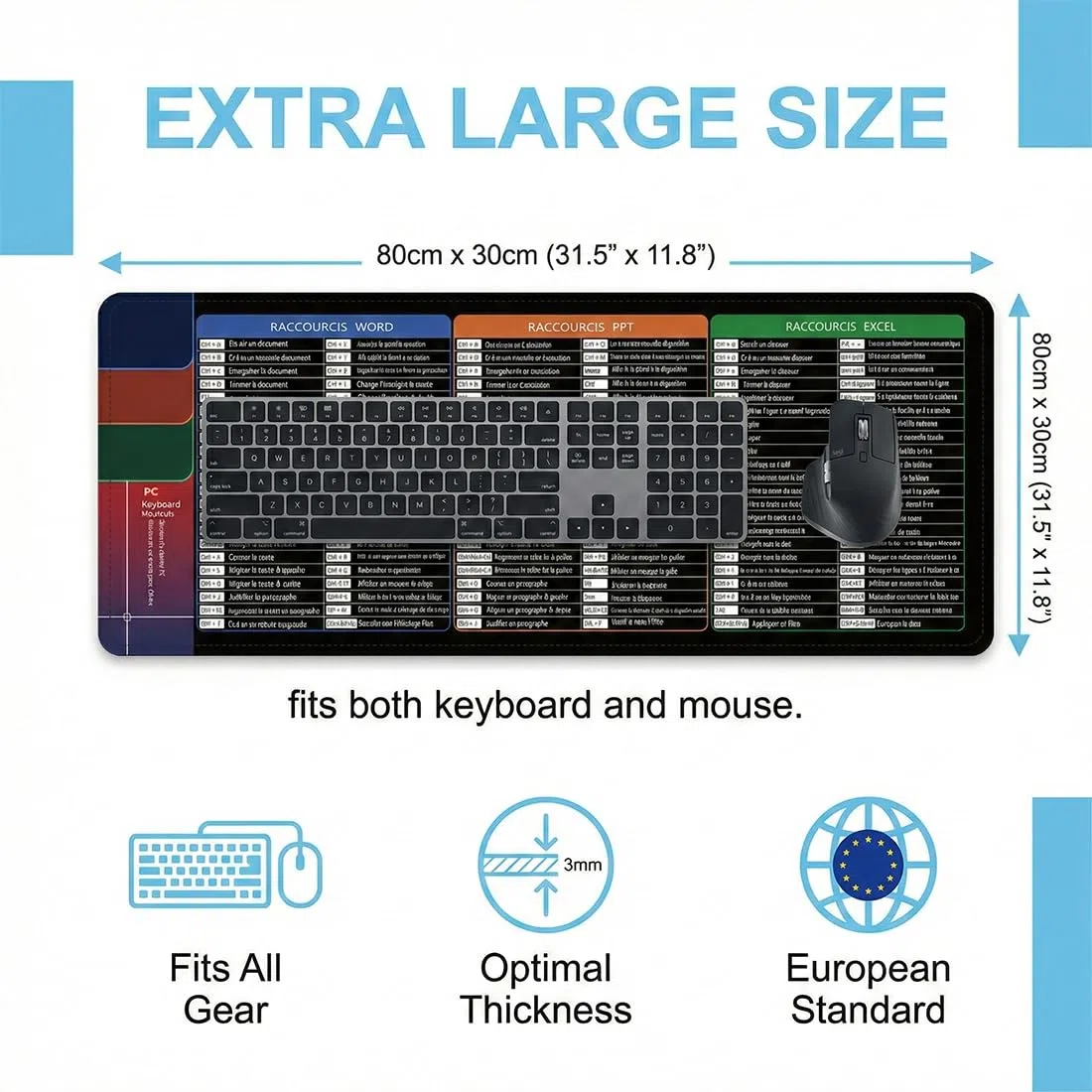 1 Tapis de Souris Noir Extra Large (France), Format XXL, avec raccourcis Excel, Compatible Clavier bureautique | Bords Cousus antidérapants (300 x 800 x 2 mm)