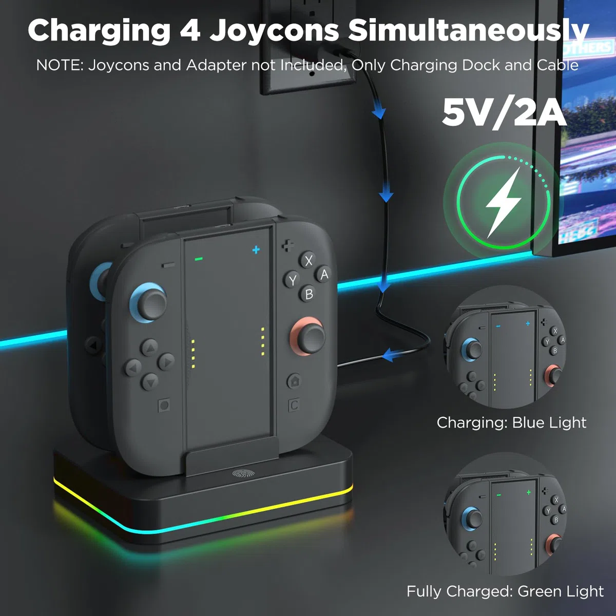 Station de Charge 4-en-1 pour Joycons Switch 2, Chargeur JoyCons avec Lumière RVB, Jouez Pendant le Chargement, Charges 4 contrôleurs, Accessoires Cadeau