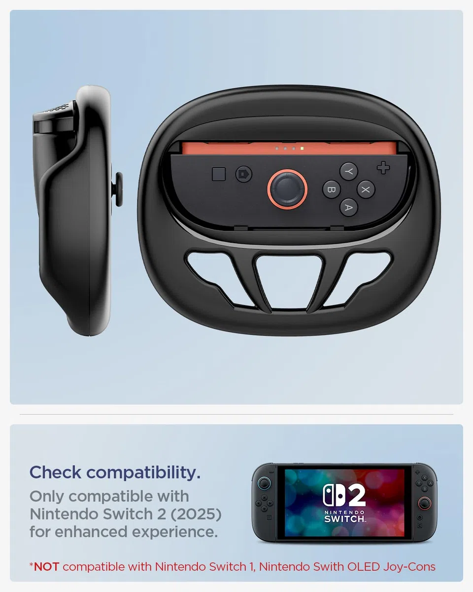 Spigen Lot de 2 Poignée de Volant, Racing Wheel Joy Con Compatible avec Nintendo Switch 2 Joy-Con (2025) - Noir