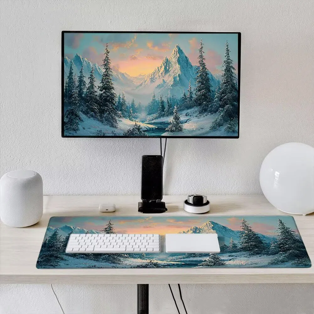 Grand Tapis de Souris Jeu XXL 1800x900x3mm avec Bords Cousus, Base en Caoutchouc Naturel antidérapant Durable, Tapis de Clavier, Les Jeux, la Maison Le Bureau, Lever De Soleil Montagne EnneigéE xR6878