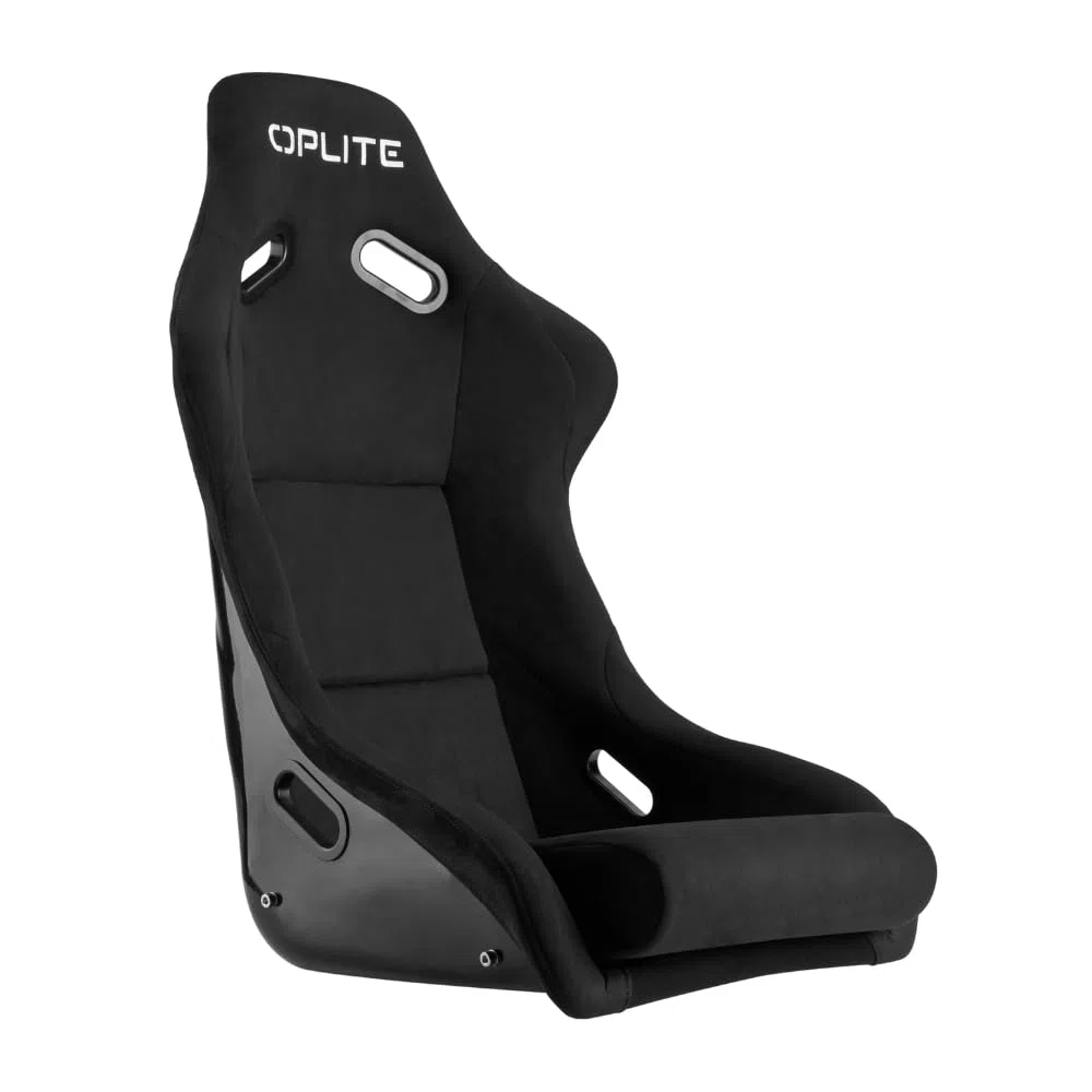 OPLITE - RS2 FiberCore® Siège Baquet Sim Racing – Structure 4 Couches Fibre de Verre, Suédine Respirante, Fixation Latérale 290 mm, Harnais 3/4 Points, Universel 1,40 m–2,10 m