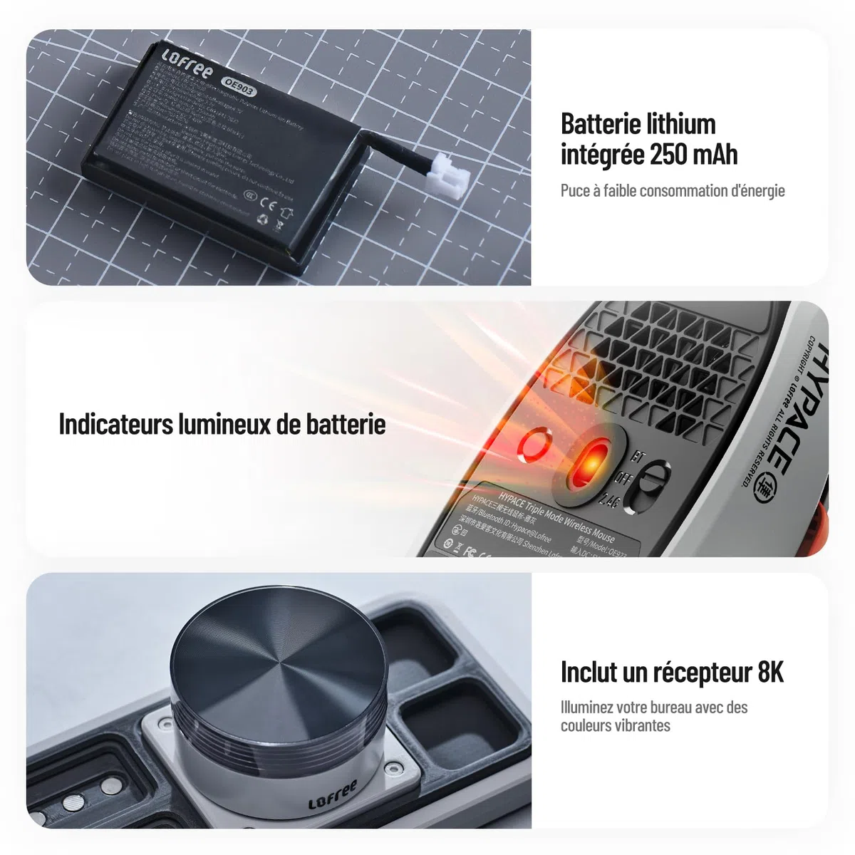 LOFREE Hypace Souris de jeu sans fil ultra légère, 47 g, capteur PAW3395, 40 K DPI, taux de polling 8K, cadre en alliage Mg, trois modes (Bluetooth/2,4 GHz/filaire), batterie de 100 heures pour PC/Mac