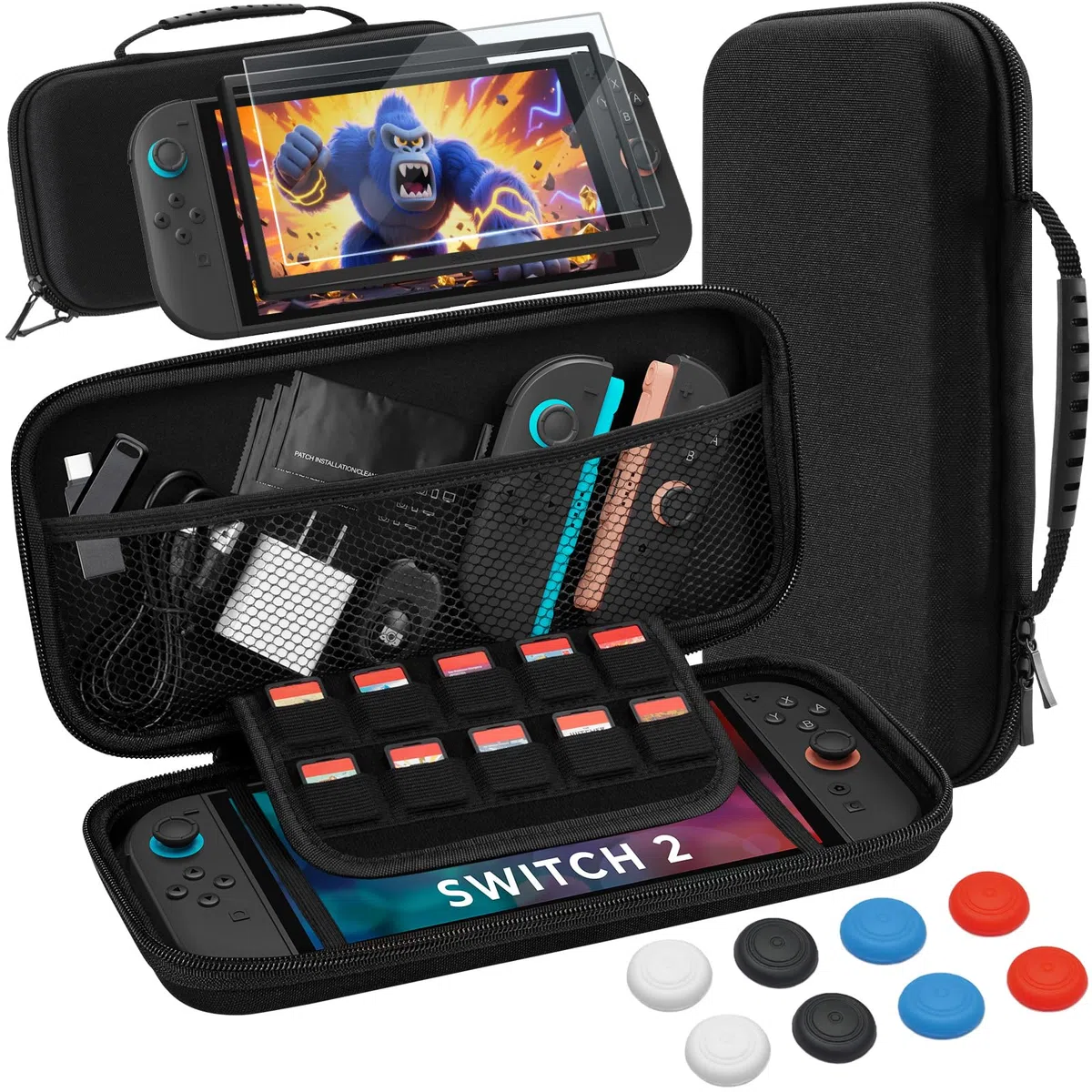 PALPOW Pochette Switch 2 avec Nintendo Switch 2, Housse de Transport Rigide et Fine avec Verre trempé, 8 Grips pour Les Pouces, kit Console Switch 2 10 en 1, 10 emplacements pour Cartes de Jeu