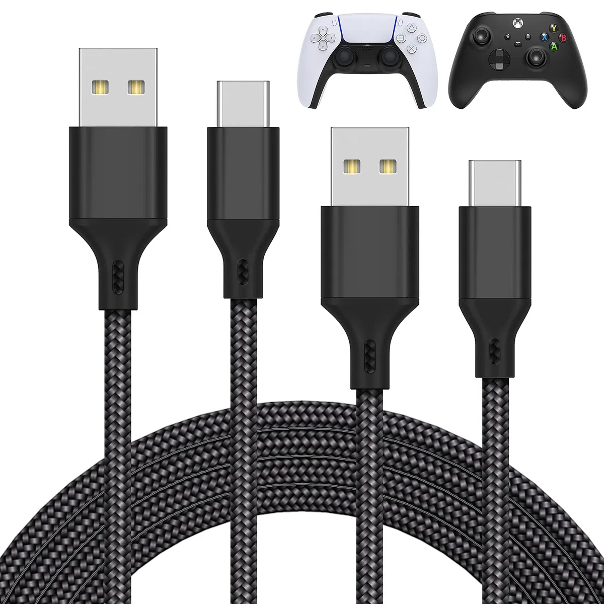 MENEEA 2 Pack Câble Chargeur 3M pour PS5/PS5 Pro Manette/pour Xbox Serie X/Xbox Serie S Manette/pour Nintendo Switch Manette, Remplacement USB Cordon Nylon Tressé Type-C Ports Accessoires,Noir