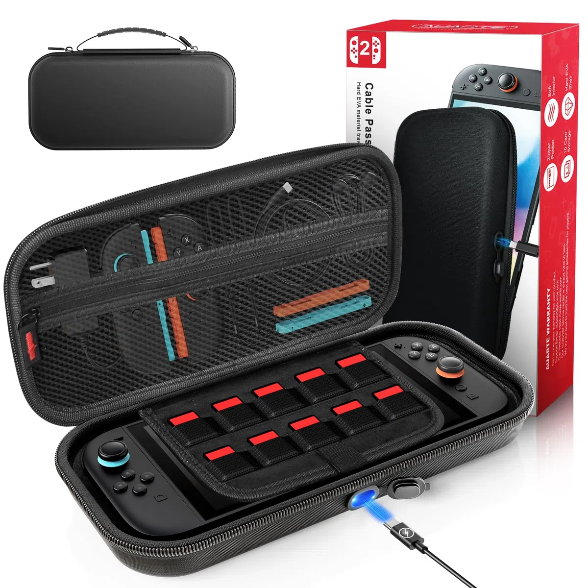 Auarte [Charge à l'intérieur] Étui pour Nintendo Switch 2 Console (2025), Protection Housse de Voyage Portable avec Pochette pour Switch 2 Accessoires et 10 Cartes de Jeux, Switch Coques Noir