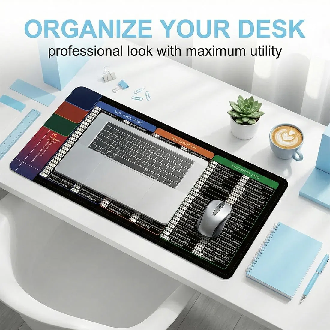 1 Tapis de Souris Noir Extra Large (France), Format XXL, avec raccourcis Excel, Compatible Clavier bureautique | Bords Cousus antidérapants (300 x 800 x 2 mm)