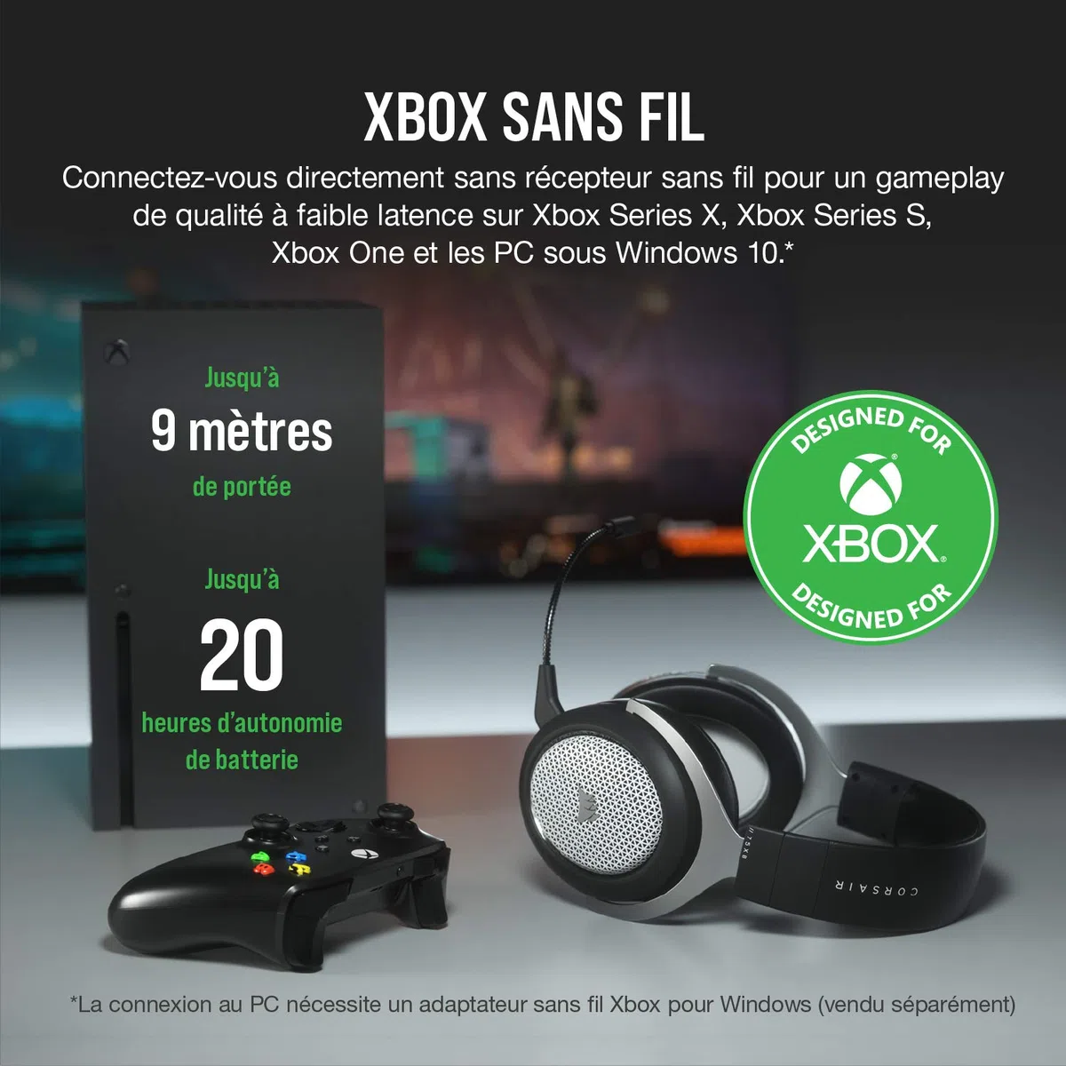 Corsair HS75 XB Wireless Casque Gaming pour Xbox Series X et Xbox One (Connexion Directe sans Adaptateur sans Fil, Technologie Dolby Atmos Immersive, Microphone Unidirectionnel) Noir