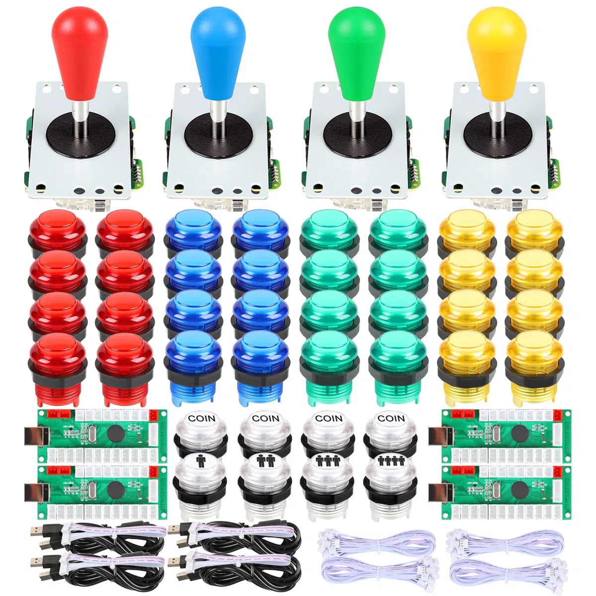 4 Player LED Arcade Kit Ellipse Oval Style Joystick USB Encoder to PC Games DIY Controllers Bat Joystick 4 Colors LED Arcade Buttons for All Windows PC MAME Raspberry Pi