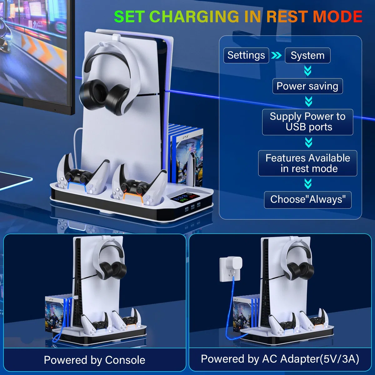 Station de refroidissement PS5/Slim/Pro avec manette, station de charge Playstation 5 Slim&Standard et Pro Disc/console numérique, PS5 Pro Accessoires de refroidissement avec ventilateur de