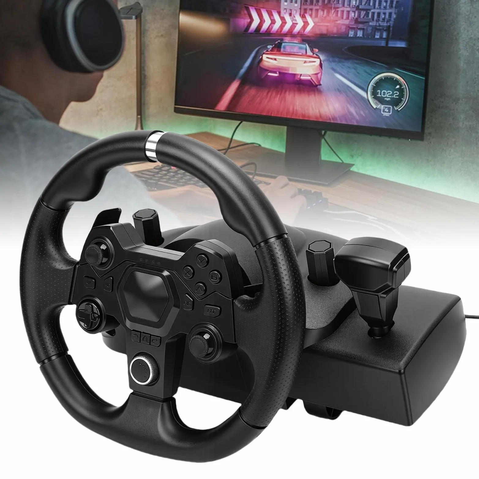 docooler Jeu de Volants de Jeu Adaptés à la Console, Volant Course11 Pouces et Support Pédale pour PC