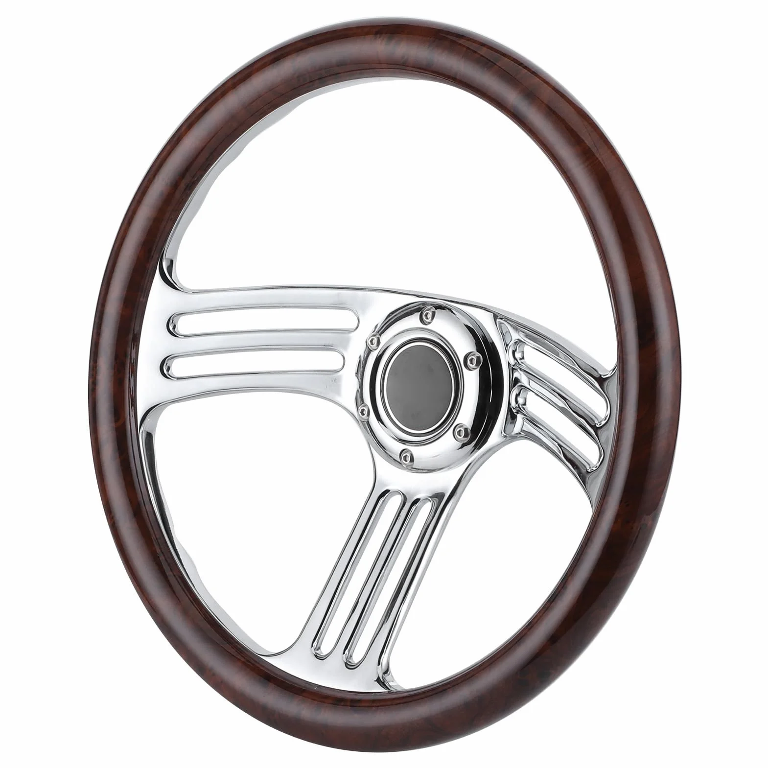 Volant Léger de 14" avec Poignée en Bois pour les Amateurs de Course Style Vintage Poignée Chromée à 6 Boulons à 3 Rayons pour Accessoire modifié de Voiture