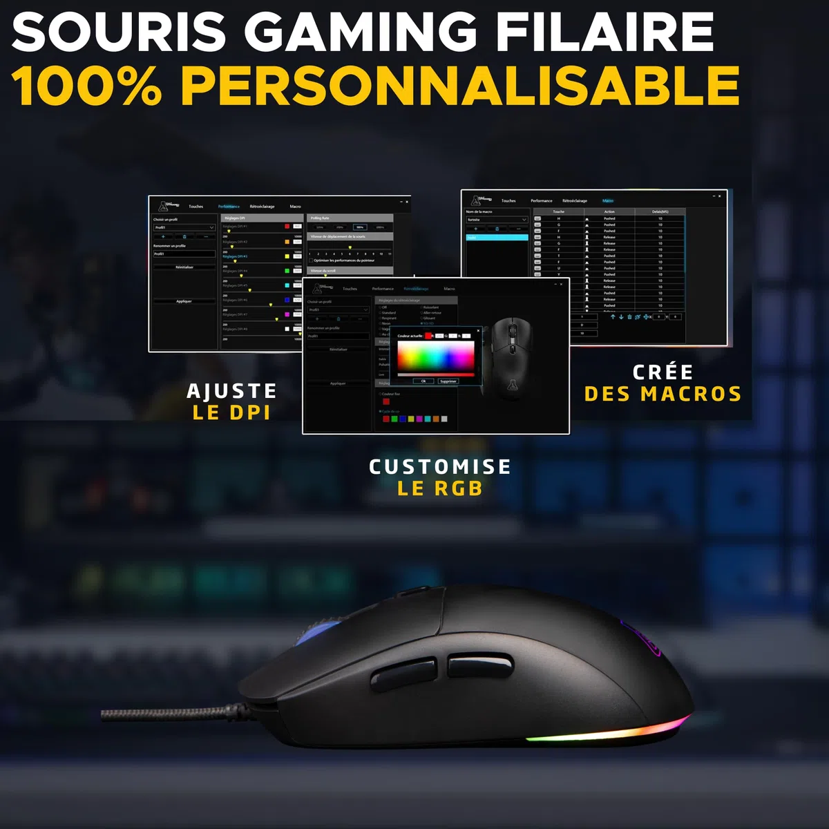 The G-Lab – Kult Cobalt - Souris Gamer Filaire USB - Capteur Ultra Réactif jusqu'à 12800 DPI, Légère, 6 Boutons, RGB Ajustable - Souris Gaming 100% Personnalisable - PC/PS4/PS5/Xbox - New