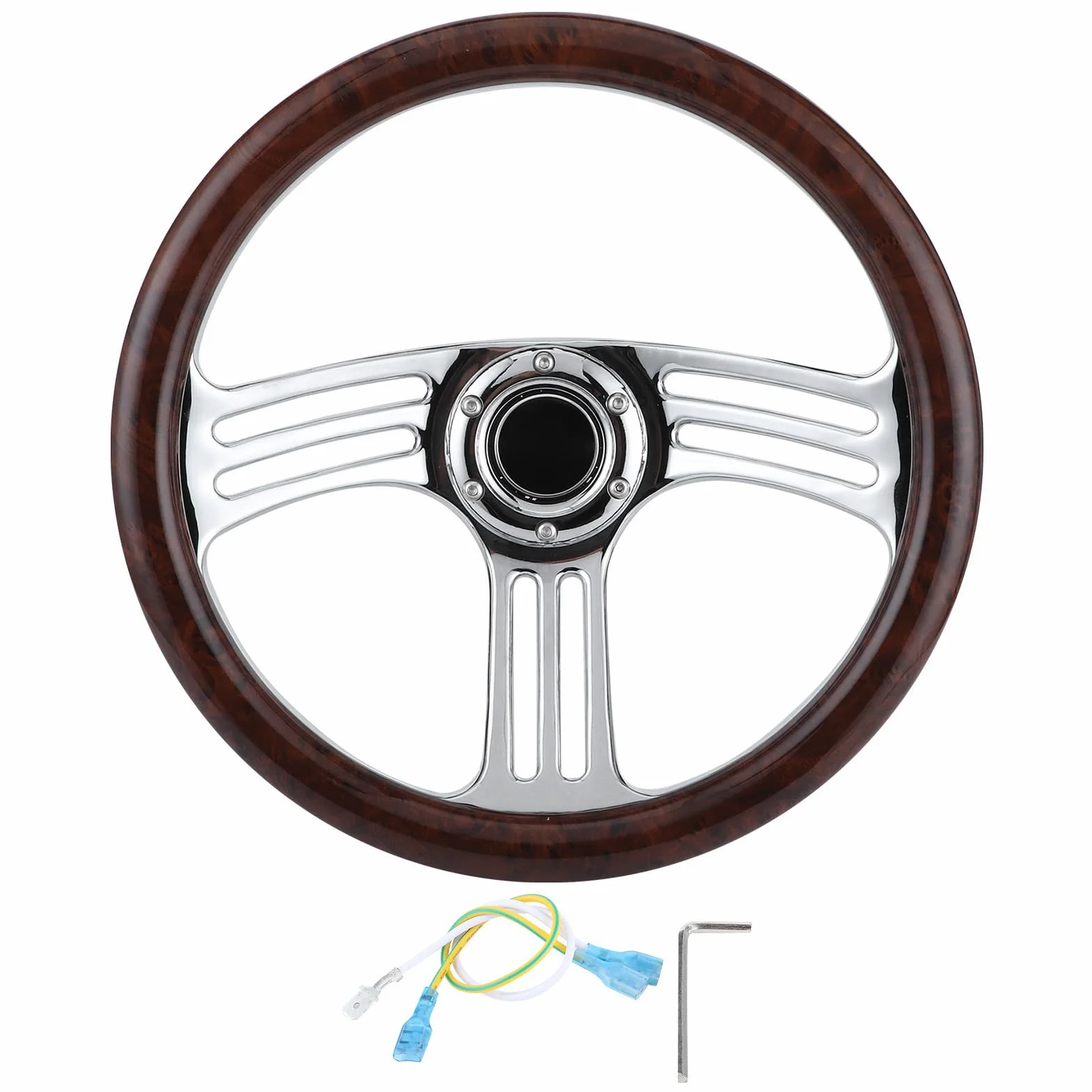 Volant Léger de 14" avec Poignée en Bois pour les Amateurs de Course Style Vintage Poignée Chromée à 6 Boulons à 3 Rayons pour Accessoire modifié de Voiture
