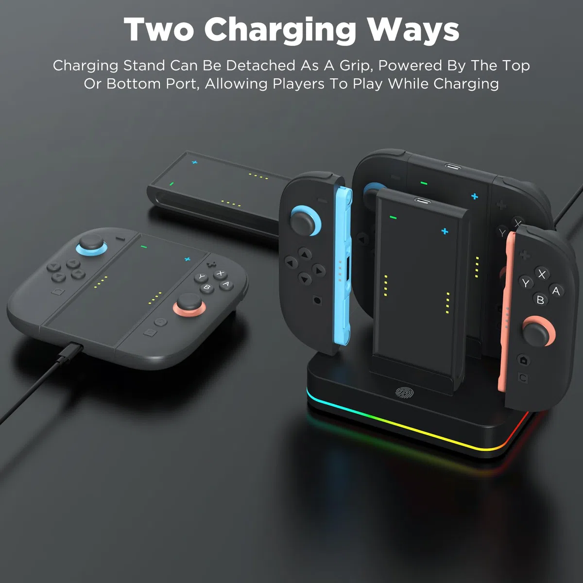 Station de Charge 4-en-1 pour Joycons Switch 2, Chargeur JoyCons avec Lumière RVB, Jouez Pendant le Chargement, Charges 4 contrôleurs, Accessoires Cadeau