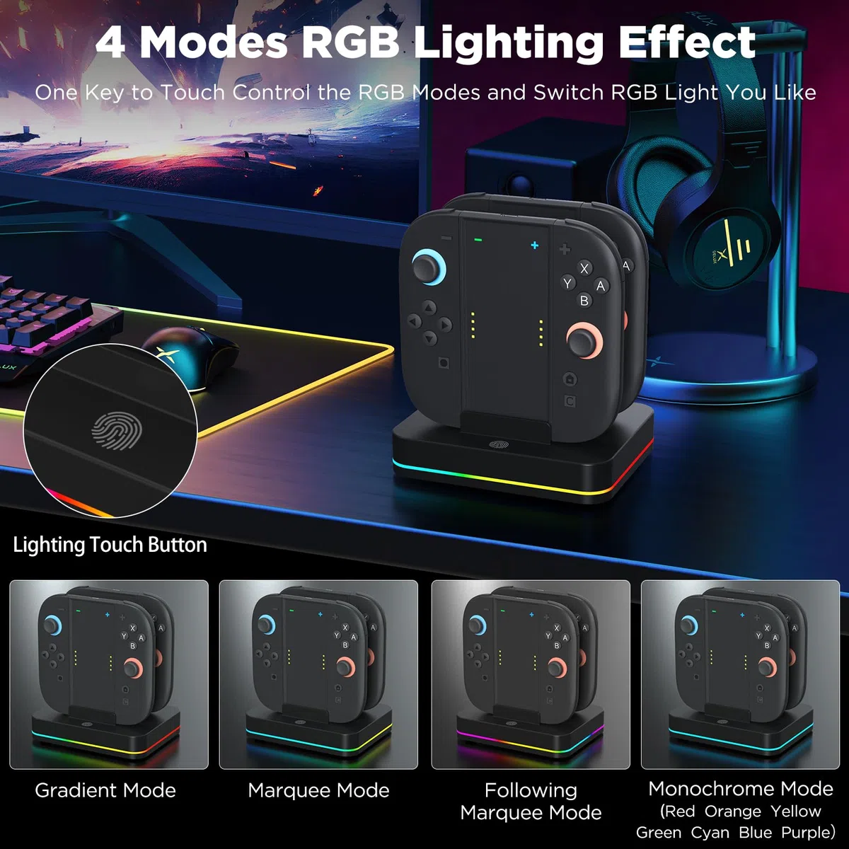 Station de Charge 4-en-1 pour Joycons Switch 2, Chargeur JoyCons avec Lumière RVB, Jouez Pendant le Chargement, Charges 4 contrôleurs, Accessoires Cadeau