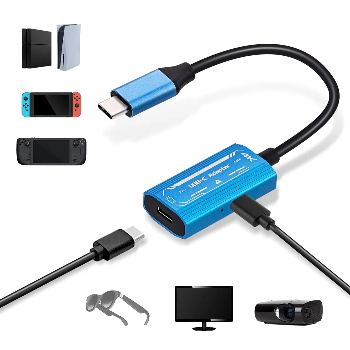 Mcbazel Convertisseur Numérique Type C Lunettes AR, Supporte Résolutions 4K@60Hz et 1080p@60Hz Charge Rapide 100W Adaptateur USB C Mâle vers Femelle pour Tablette/AR/Switch/Steam Deck/ROG Ally