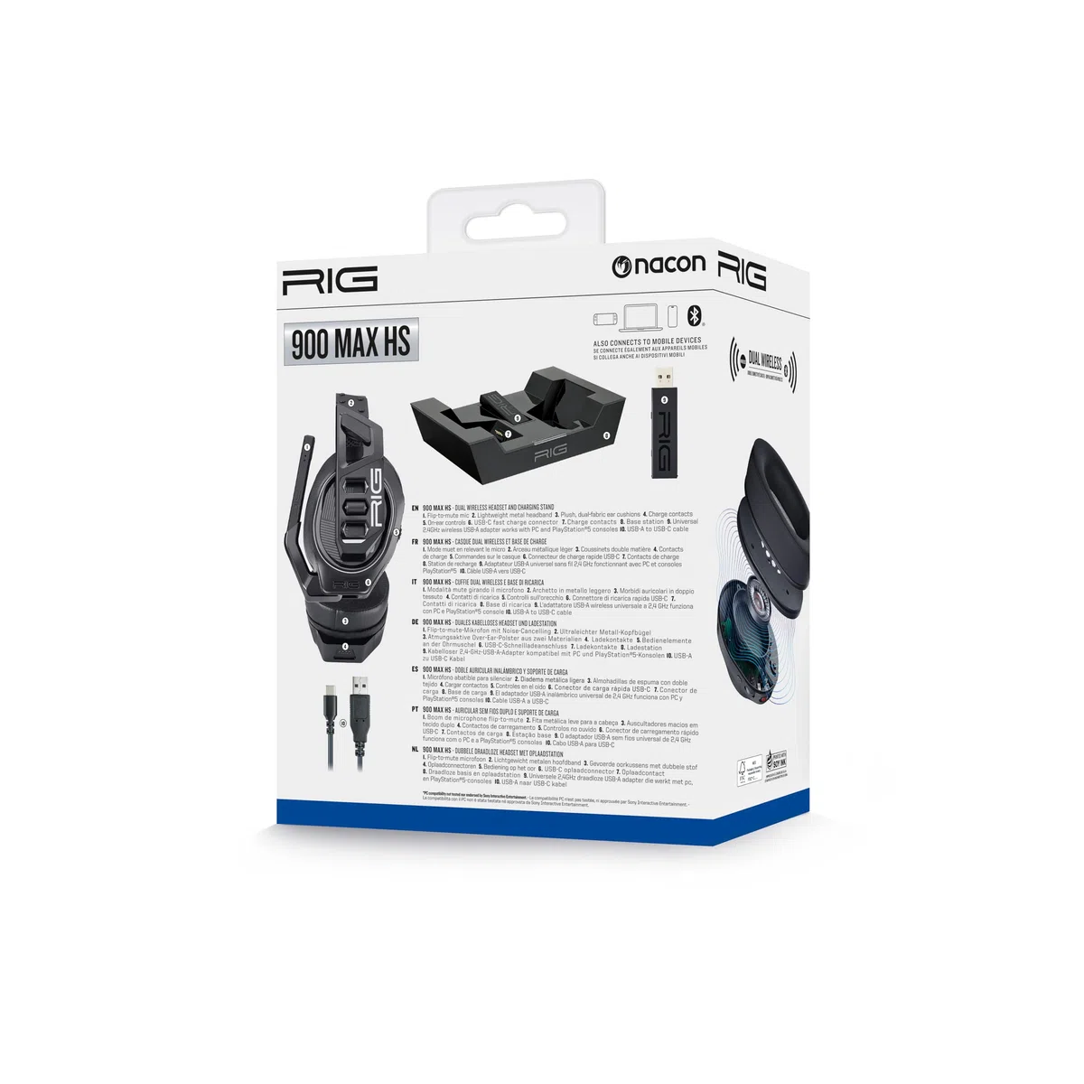 Casque Gaming et sa Station de Base Bluetooth, Connexion de 2,4 GHz autonomie 60 Heures Officiel PlayStation 5 Compatible PC RIG900