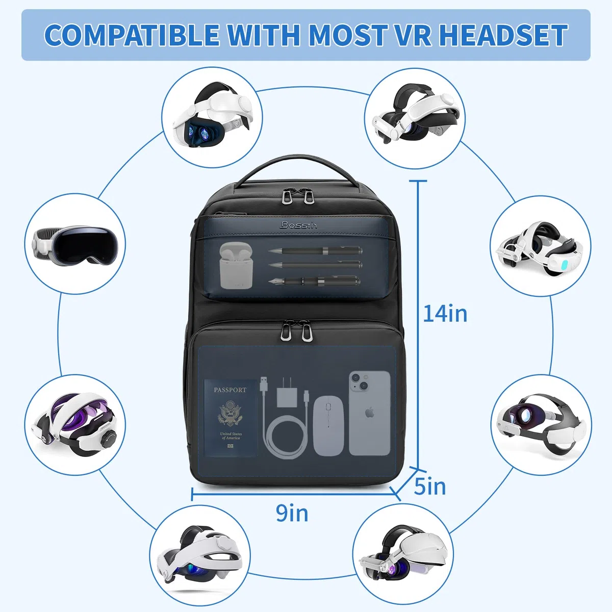 BOSSTIN Étui de transport pour Oculus Meta Quest 2 3 Vision Pro Travel Storage VR Casque (Noir)