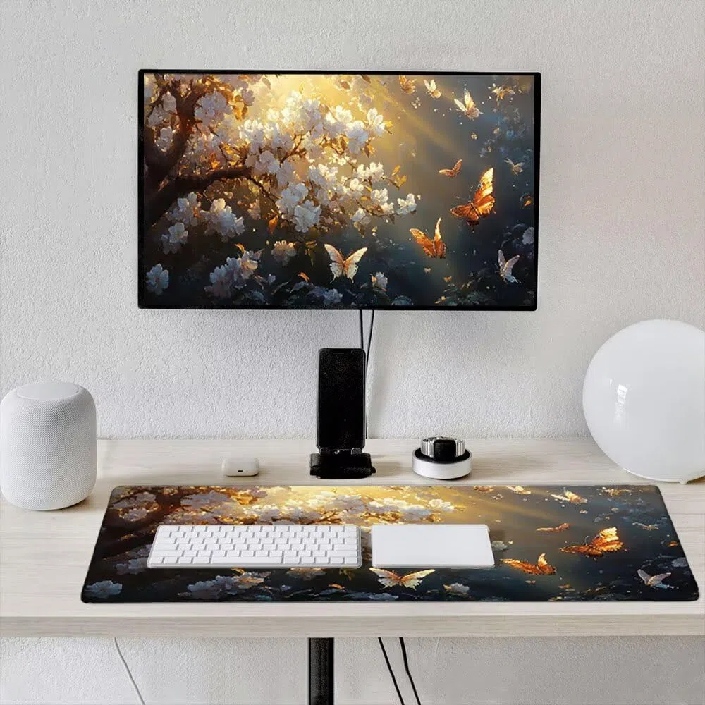 Grand Tapis de Souris Jeu XXL 1800x900x3mm avec Bords Cousus, Base en Caoutchouc Naturel antidérapant Durable, Tapis de Clavier Lavable, Les Jeux, la Maison Le Bureau, Papillon Fleur De PêChe xR6-788