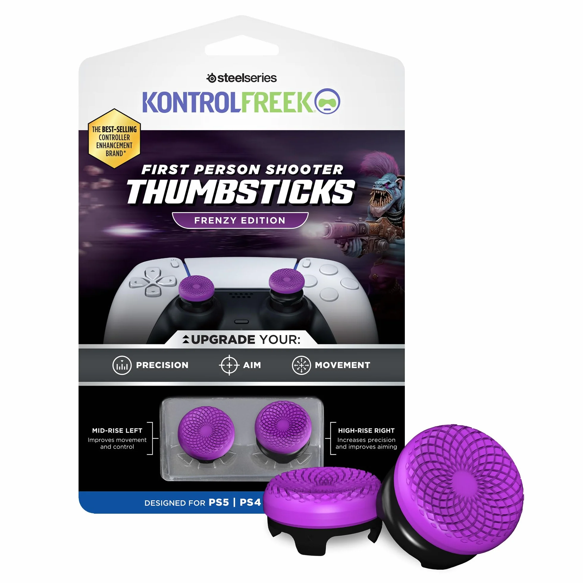 KontrolFreek FPS Freek Frenzy Grips pour Manette PS5 | 1 Rehausseur Haut & 1 Milieu pour PS5 & PS4 | Plus de Précision & Contrôle FPS | Violet