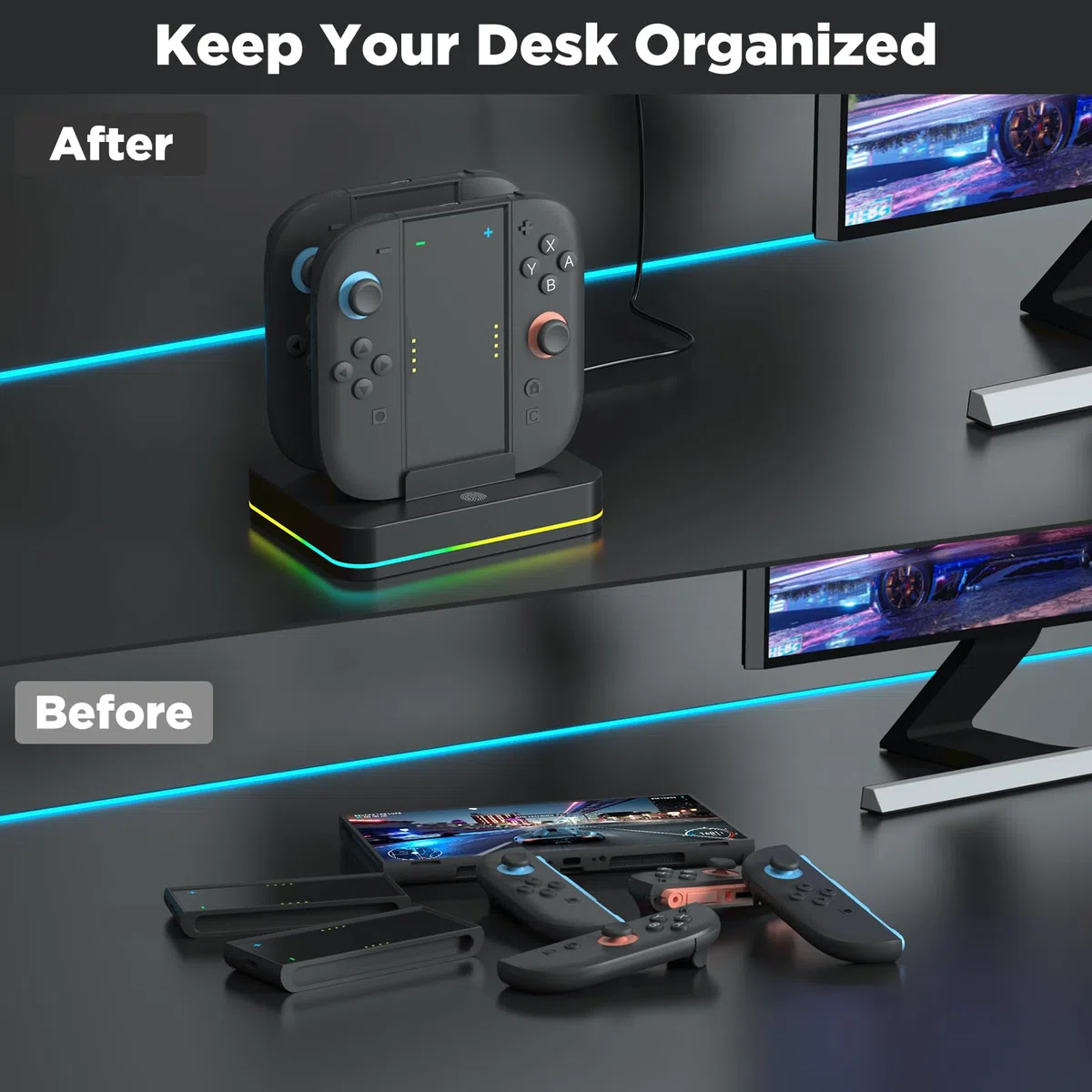 Station de Charge 4-en-1 pour Joycons Switch 2, Chargeur JoyCons avec Lumière RVB, Jouez Pendant le Chargement, Charges 4 contrôleurs, Accessoires Cadeau