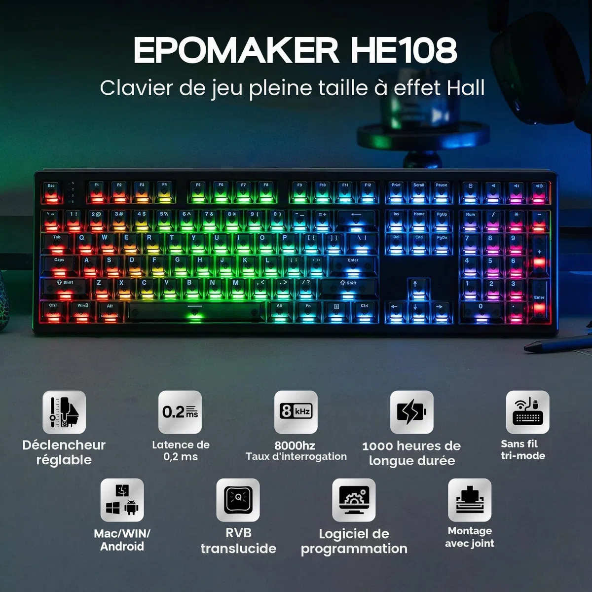 EPOMAKER HE108 Clavier Gaming sans Fil, Interrogation 8K & 10000mAh,RVB