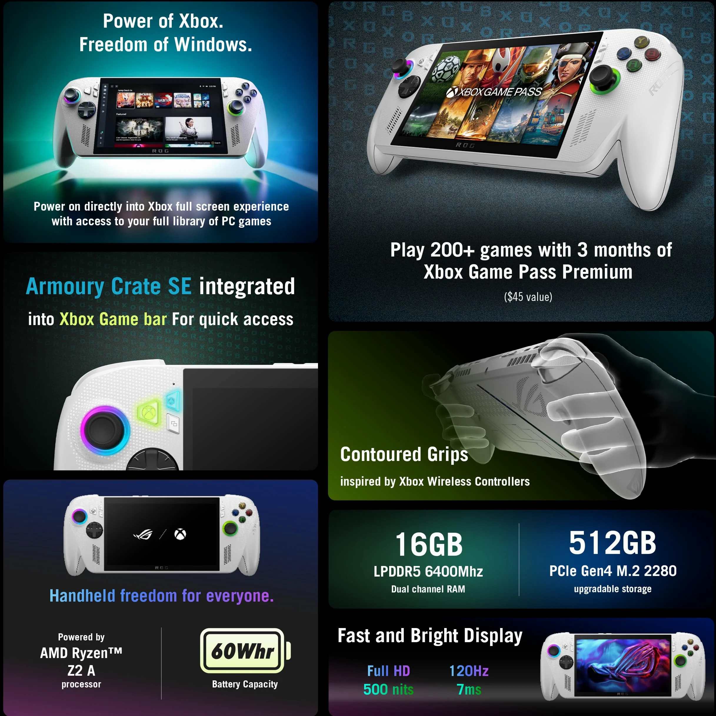 ASUS ROG Xbox Ally Gaming Portable Écran tactile IPS 7" 120 Hz (AMD Ryzen Z2 A, 16 Go LPDDR5X, 512 Go SSD, carte graphique AMD RDNA 2, empreintes digitales, WiFi 6E, Bluetooth 5.4, Win 11 Home) avec