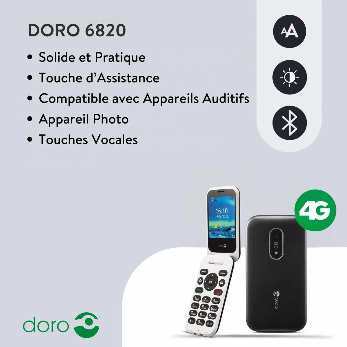 Doro - 6820 - Téléphone 4G à Clapet Débloqué pour Seniors - Touches Numériques Parlantes - Caméra - Touche d'Assistance - Socle Chargeur