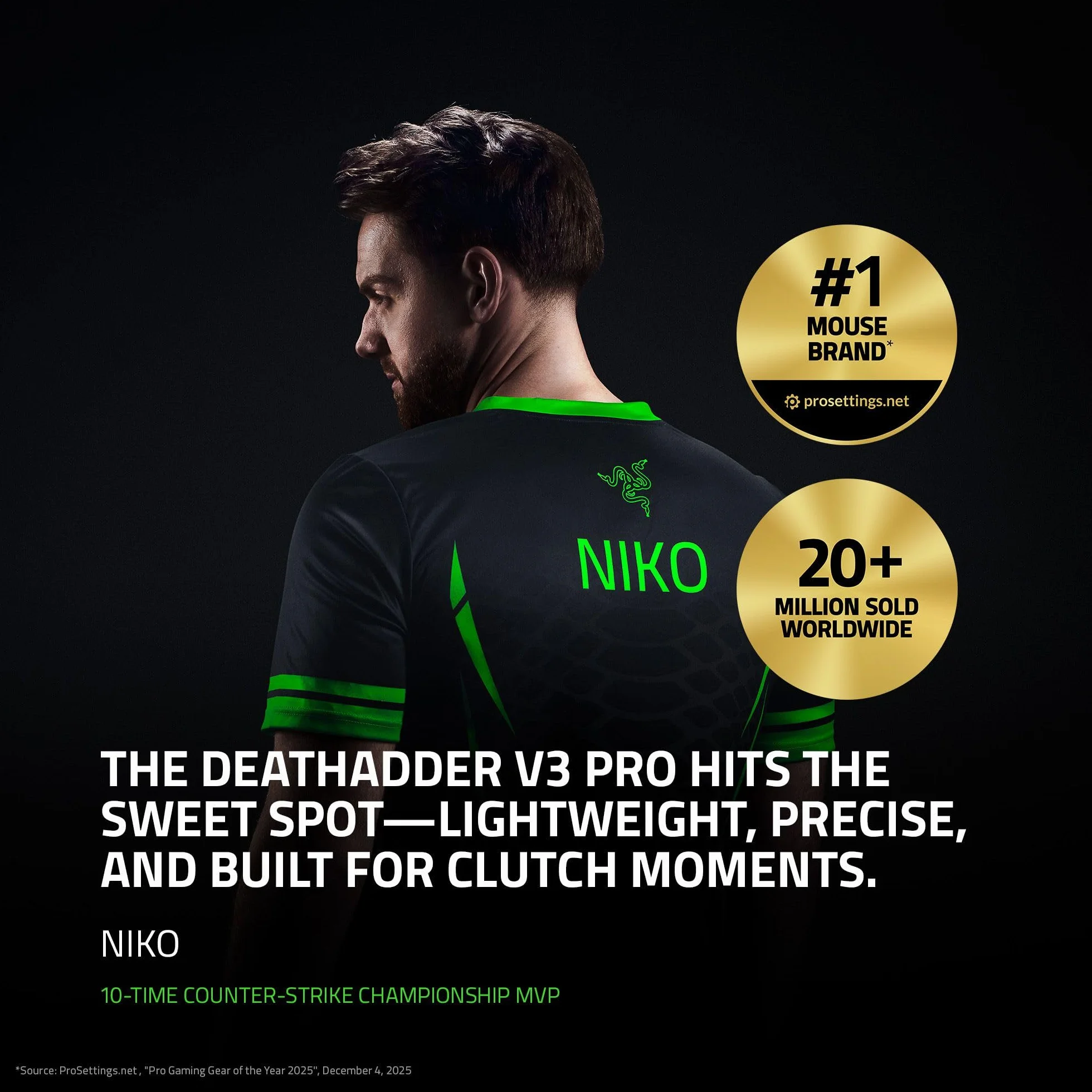 Razer DeathAdder V3 Pro Souris de jeu sans fil + dongle sans fil Hyperpolling : 63 g Ultra léger - Capteur optique Focus Pro 30K - Commutateurs optiques Gen 3-5 touches programmables - Noir