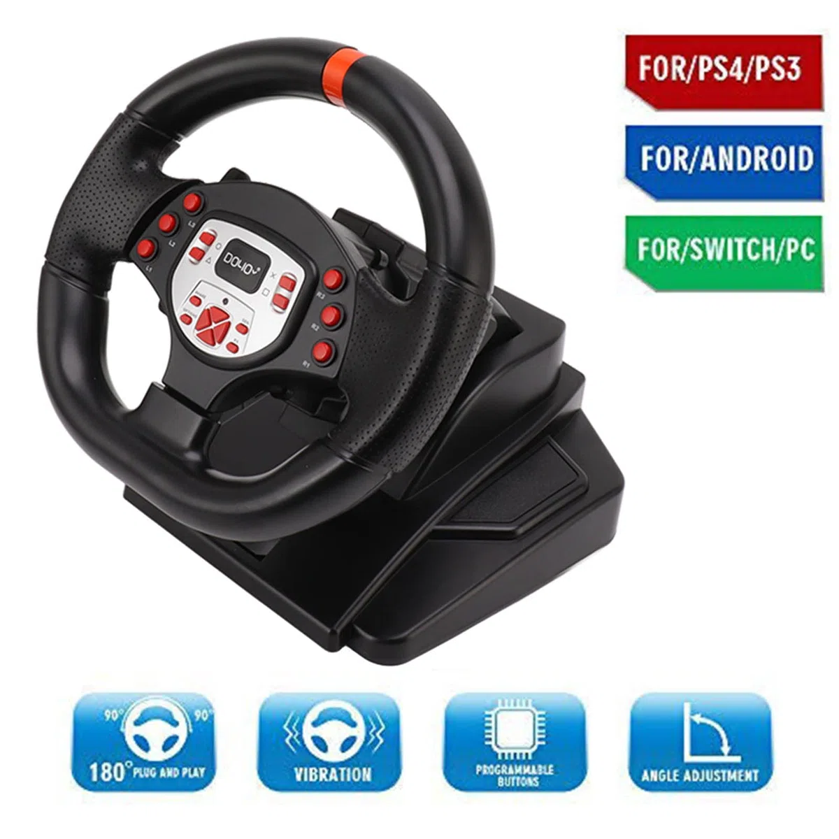 Fockety Volant de Course de Jeu, Volant de Course USB Universel à 180 Degrés avec Pédales, Double Retour de Moteur, Volant de Course PC pour 360, pour PS3, pour Switch, TV Box