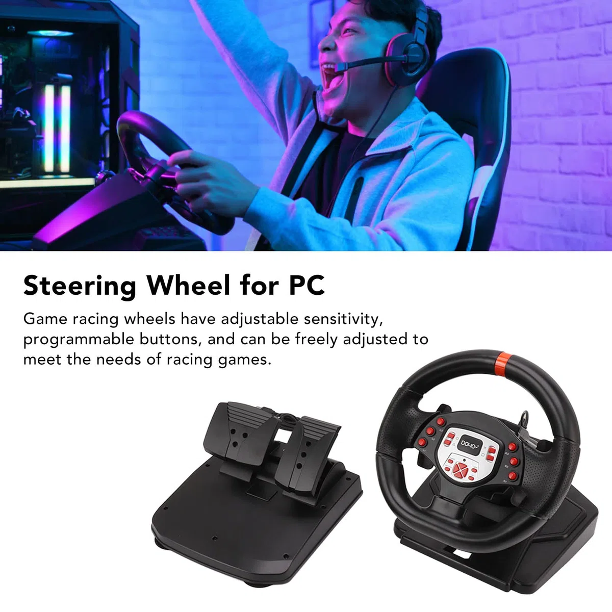 Fockety Volant de Course de Jeu, Volant de Course USB Universel à 180 Degrés avec Pédales, Double Retour de Moteur, Volant de Course PC pour 360, pour PS3, pour Switch, TV Box