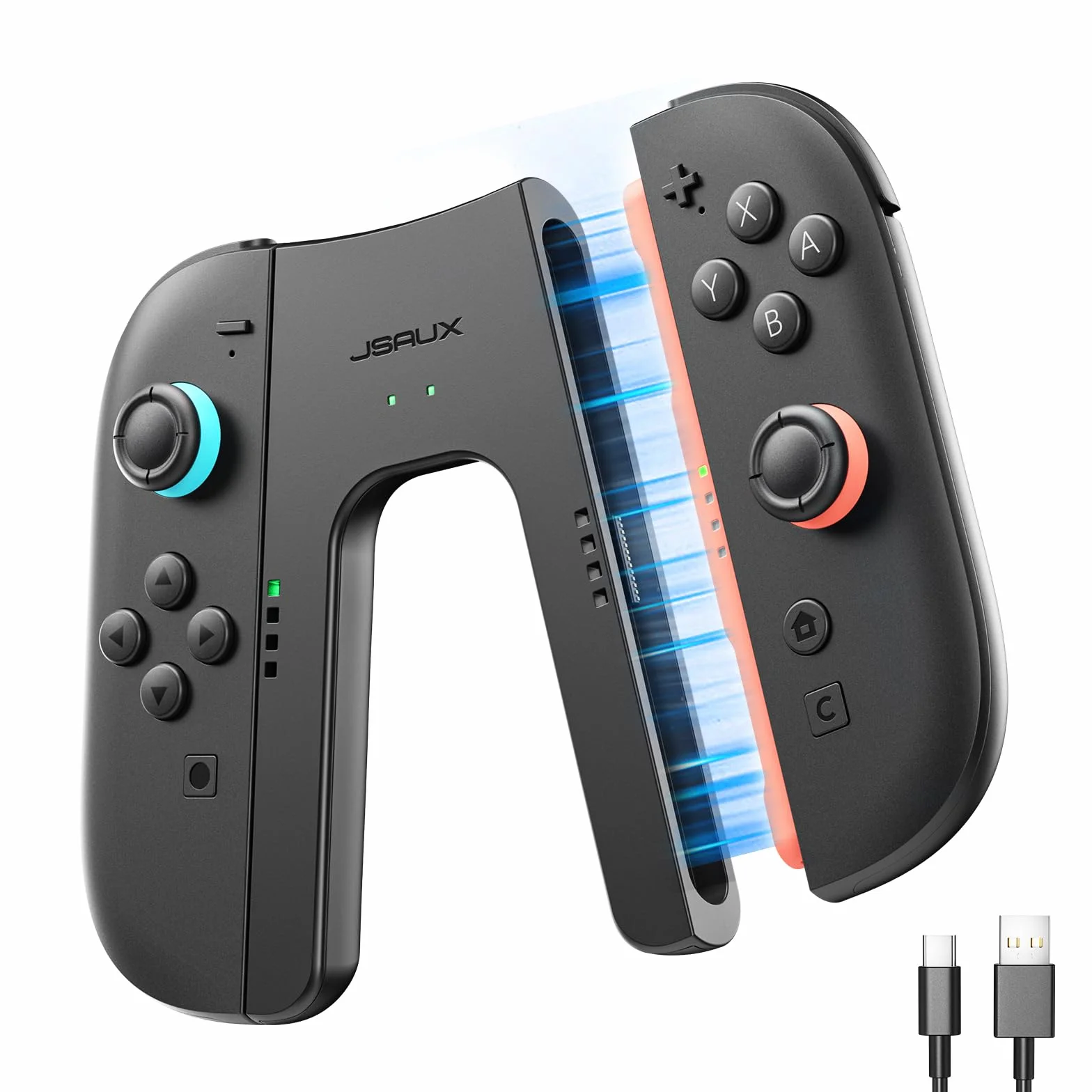 JSAUX Poignée de Chargement pour Switch 2, Manette Magnétique Compatible avec les JoyCon de Switch 2, Jouez Tout en Chargeant avec Indicateur LED & Câble de Charge 1,5m/4,9ft - Noir