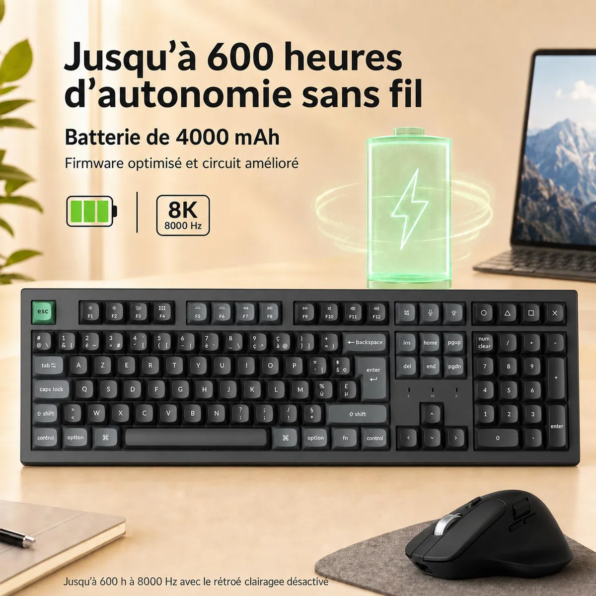 Keychron K10 Ultra 8K Clavier Mécanique sans Fil 100% Layout, 2.4G/Bluetooth/Filaire, Touches PBT OSA, RGB Personnalisable, Switches Rouges Apex Hot-Swap pour Mac/Windows/Linux (Disposition AZERTY)