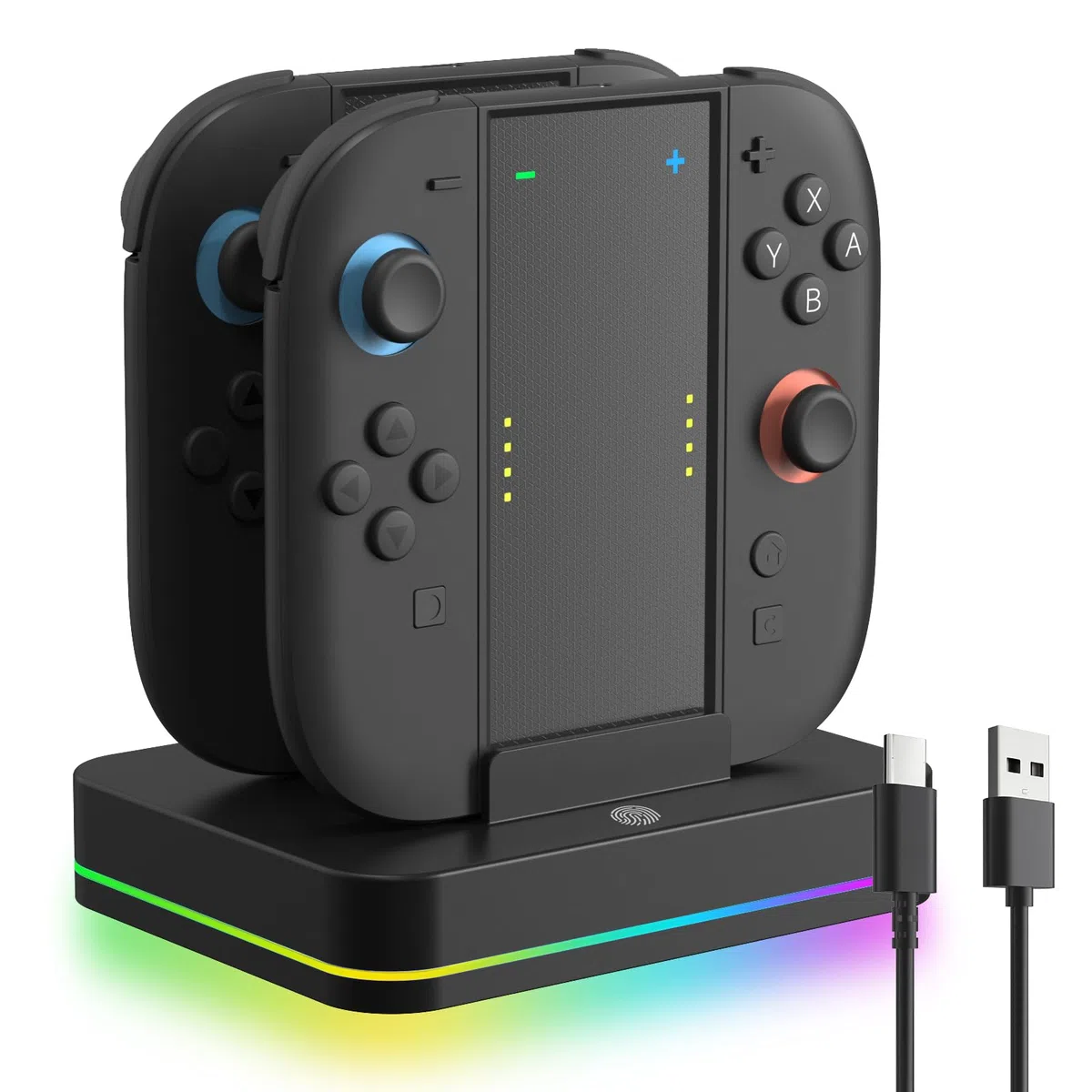 Station de Charge 4-en-1 pour Joycons Switch 2, Chargeur JoyCons avec Lumière RVB, Jouez Pendant le Chargement, Charges 4 contrôleurs, Accessoires Cadeau