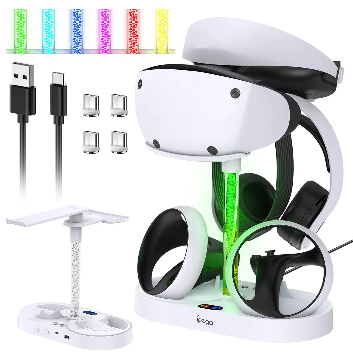Support & Station de Charge pour PS VR2 Sense Contrôleur avec lumière Colorée, Dual Contrôleur Chargeur Station pour PS VR2 Accessoires, 4 Connecteur Magnétique & Câble USB C, Support de Casque VR