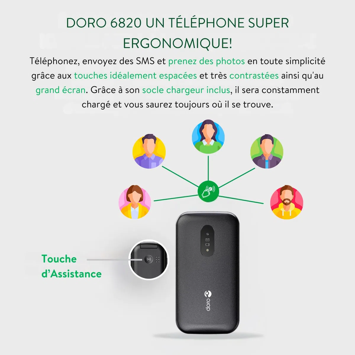 Doro - 6820 - Téléphone 4G à Clapet Débloqué pour Seniors - Touches Numériques Parlantes - Caméra - Touche d'Assistance - Socle Chargeur
