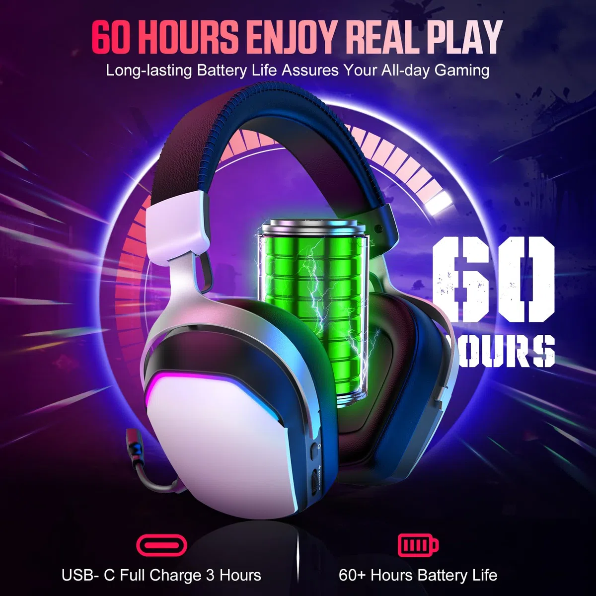Casque de jeu sans fil avec batterie 60H avec micro pour PS5 PS4 PC, son surround 7.1, Bluetooth 5.4, casque RVB, microphone antibruit, pilotes de 50 mm pour Mac Switch Gaming