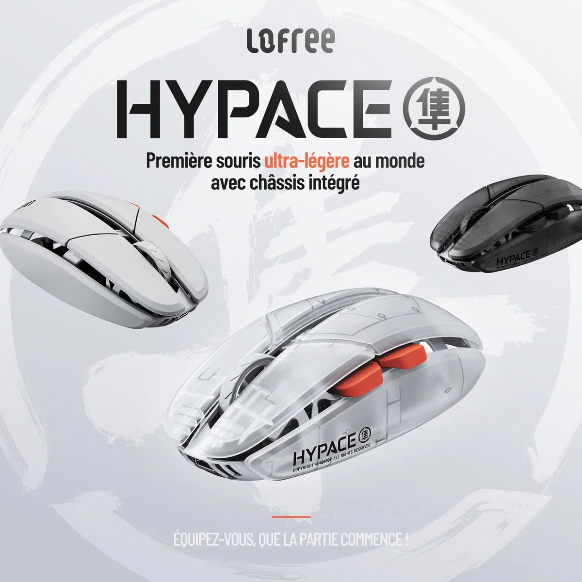 LOFREE Hypace Souris de jeu sans fil ultra légère, 47 g, capteur PAW3395, 40 K DPI, taux de polling 8K, cadre en alliage Mg, trois modes (Bluetooth/2,4 GHz/filaire), batterie de 100 heures pour PC/Mac
