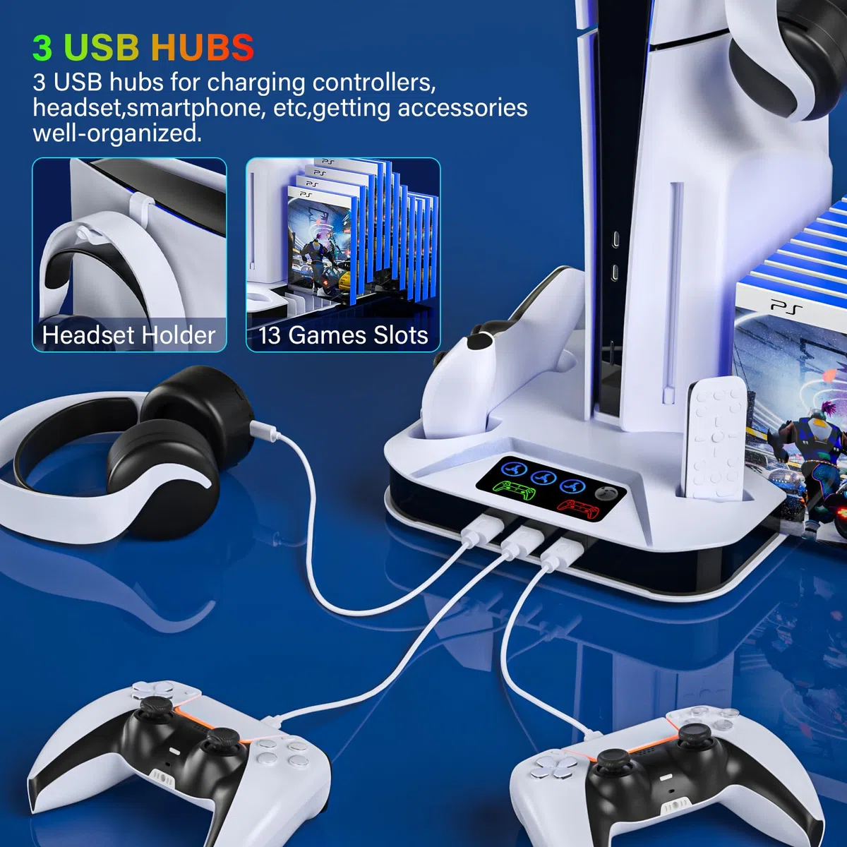 Station de refroidissement PS5/Slim/Pro avec manette, station de charge Playstation 5 Slim&Standard et Pro Disc/console numérique, PS5 Pro Accessoires de refroidissement avec ventilateur de