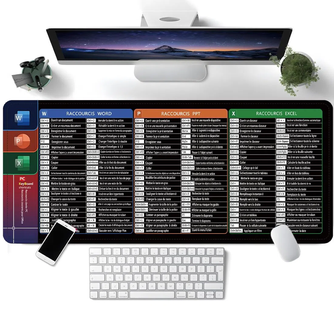 1 Tapis de Souris Noir Extra Large (France), Format XXL, avec raccourcis Excel, Compatible Clavier bureautique | Bords Cousus antidérapants (300 x 800 x 2 mm)