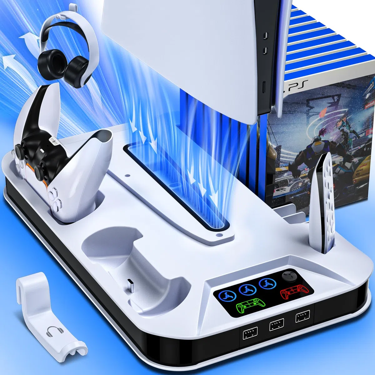 Station de refroidissement PS5/Slim/Pro avec manette, station de charge Playstation 5 Slim&Standard et Pro Disc/console numérique, PS5 Pro Accessoires de refroidissement avec ventilateur de