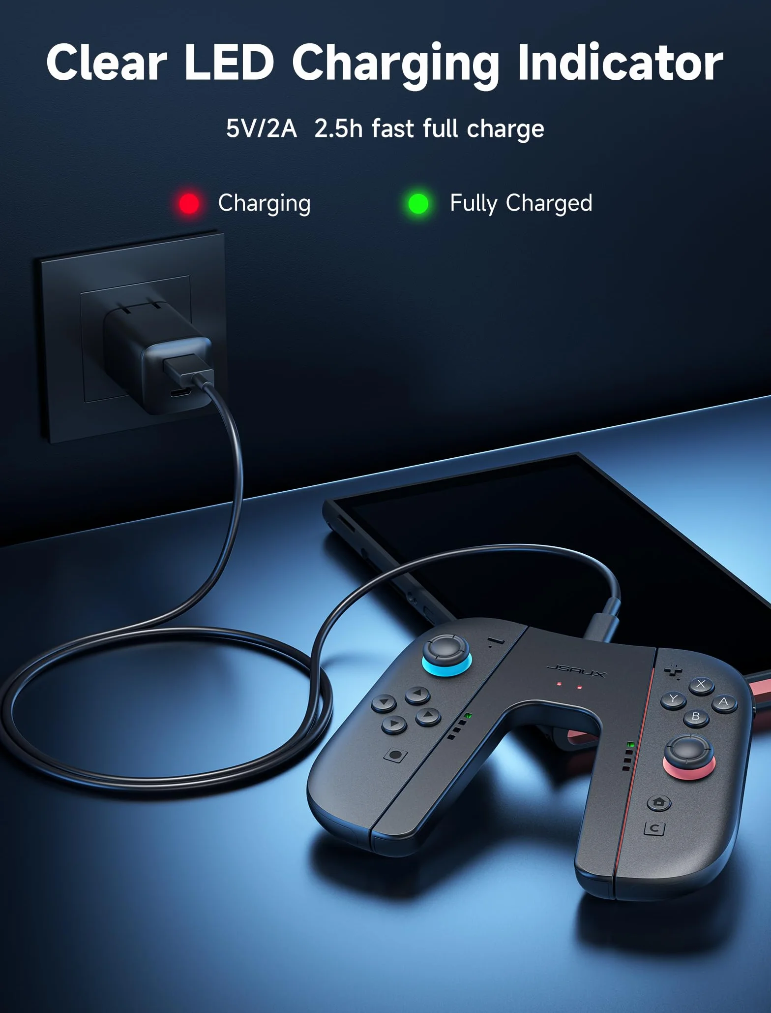 JSAUX Poignée de Chargement pour Switch 2, Manette Magnétique Compatible avec les JoyCon de Switch 2, Jouez Tout en Chargeant avec Indicateur LED & Câble de Charge 1,5m/4,9ft - Noir
