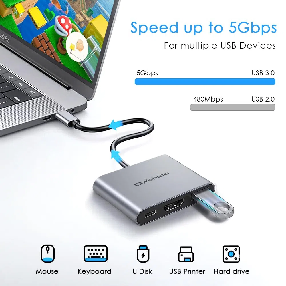 Switch Docking Station pour Nintendo Switch, Adaptateur USB C vers HDMI 4K, 3 en 1 USB C HUB avec USB A 3.0 et Charge PD 100 W pour MacBook Pro/Air, iPad, Samsung Dex