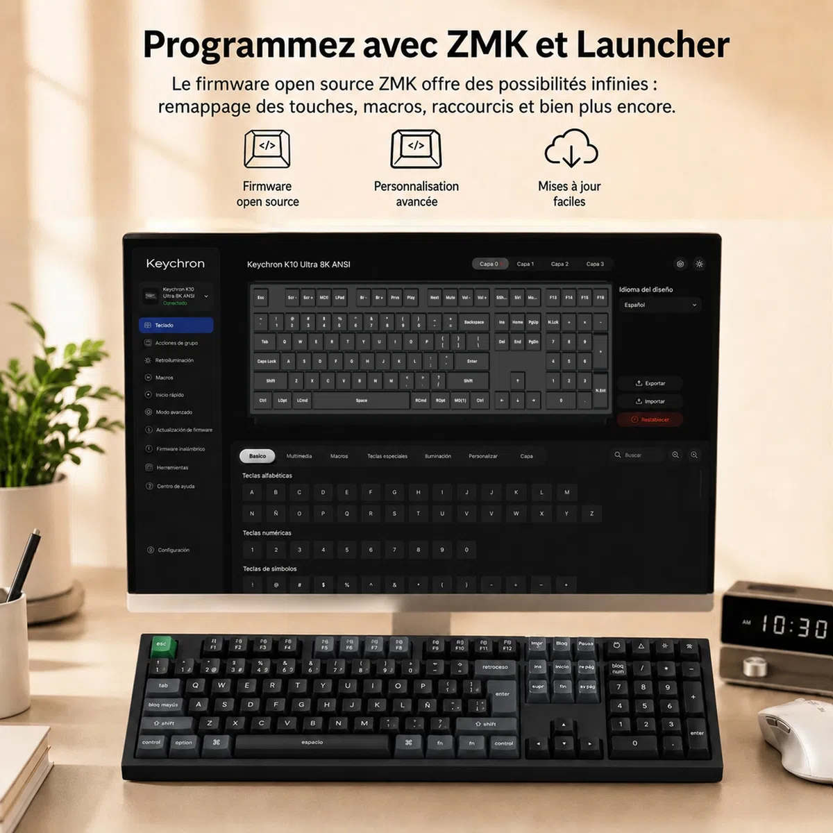 Keychron K10 Ultra 8K Clavier Mécanique sans Fil 100% Layout, 2.4G/Bluetooth/Filaire, Touches PBT OSA, RGB Personnalisable, Switches Rouges Apex Hot-Swap pour Mac/Windows/Linux (Disposition AZERTY)