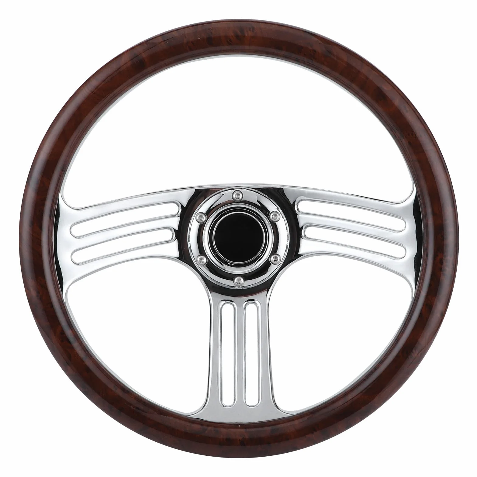 Volant Léger de 14" avec Poignée en Bois pour les Amateurs de Course Style Vintage Poignée Chromée à 6 Boulons à 3 Rayons pour Accessoire modifié de Voiture