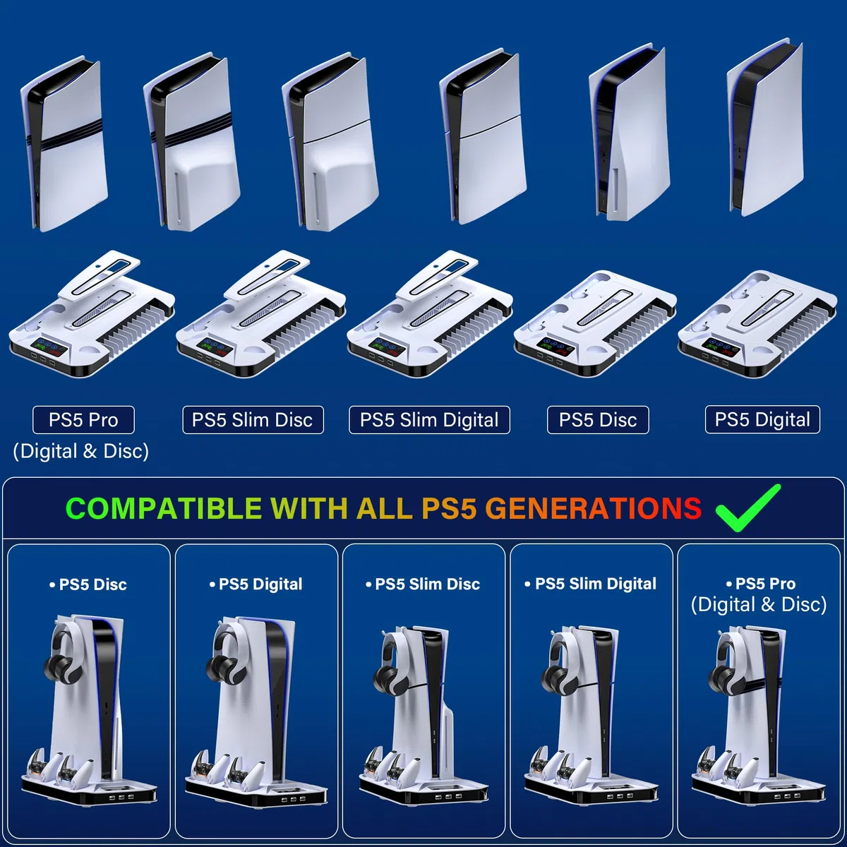Station de refroidissement PS5/Slim/Pro avec manette, station de charge Playstation 5 Slim&Standard et Pro Disc/console numérique, PS5 Pro Accessoires de refroidissement avec ventilateur de