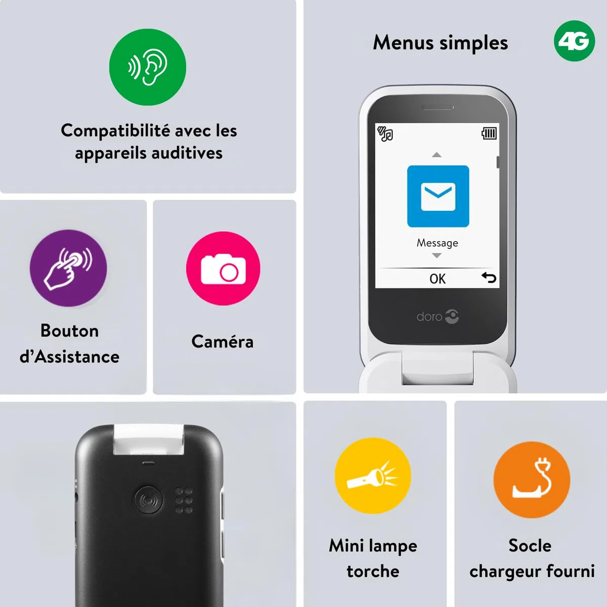 Doro - 6820 - Téléphone 4G à Clapet Débloqué pour Seniors - Touches Numériques Parlantes - Caméra - Touche d'Assistance - Socle Chargeur