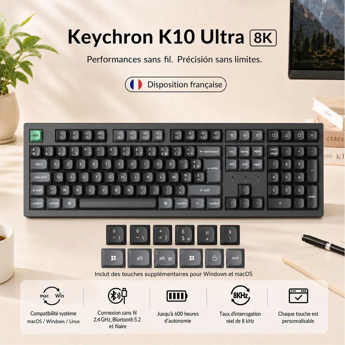 Keychron K10 Ultra 8K Clavier Mécanique sans Fil 100% Layout, 2.4G/Bluetooth/Filaire, Touches PBT OSA, RGB Personnalisable, Switches Rouges Apex Hot-Swap pour Mac/Windows/Linux (Disposition AZERTY)